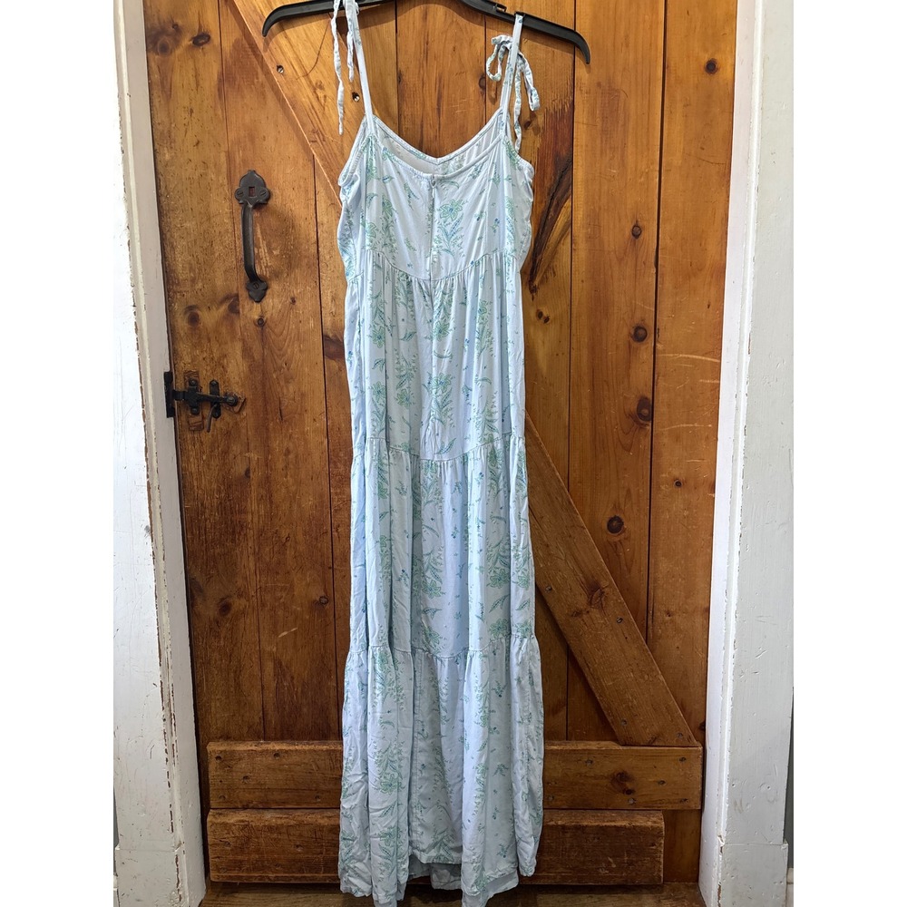 Ann Taylor Blue Floral Tiered Maxi Dress Tie Shoulder Rayon Sundress Womens Boho - Picture 4 of 6